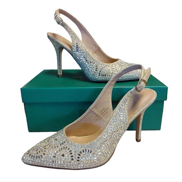 Lauren Lorraine Rachel Nude Crystal Shimmer Sling Back Heels Size 8 NIB - Picture 3 of 16